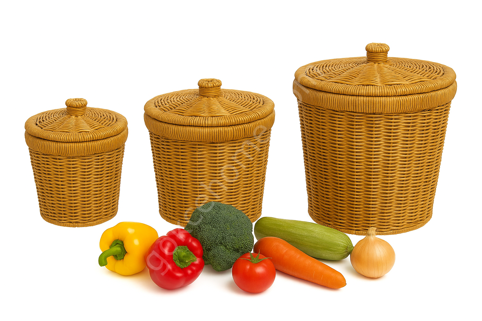 3'lü Rattan Sebze Sepeti Seti Kapaklı Sarımsak Soğan Patates Organizer