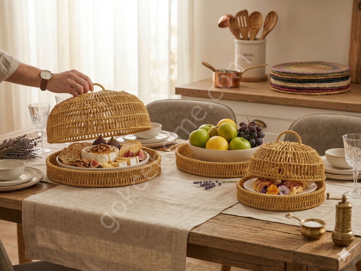 3 lü hasır rattan sunumluk kapaklı tepsi