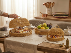 3 lü hasır rattan sunumluk kapaklı tepsi