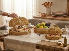 3 lü hasır rattan sunumluk kapaklı tepsi