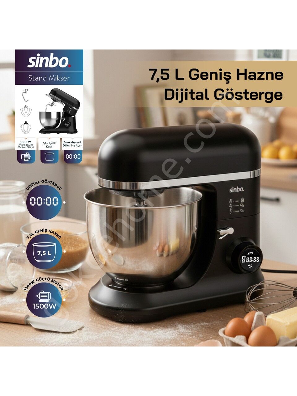 Sinbo SMX-2773 Dijital Ekranlı 1500W Zaman Ayarlı Stand Mikser 7.5 lt